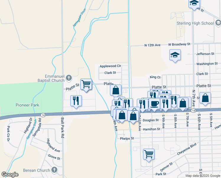 map of restaurants, bars, coffee shops, grocery stores, and more near 1331 Platte Street in Sterling