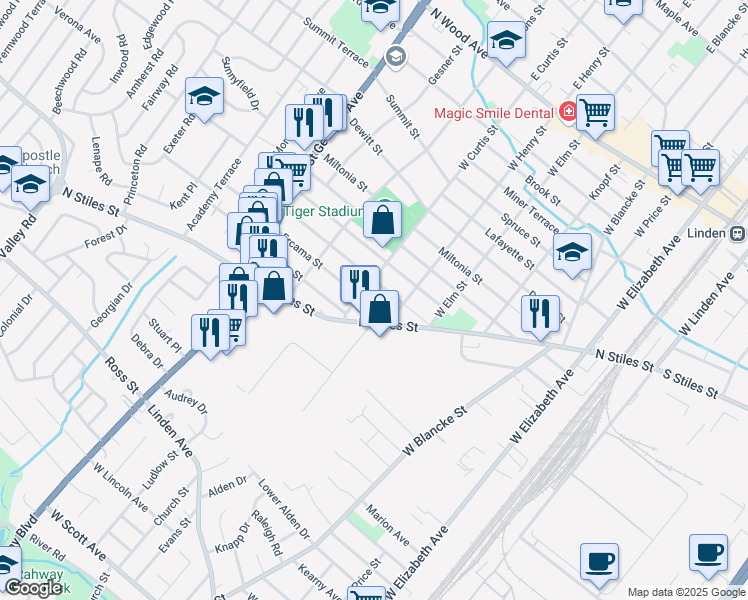 map of restaurants, bars, coffee shops, grocery stores, and more near 626 Ercama Street in Linden