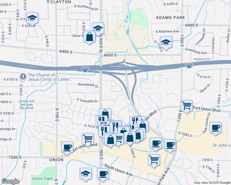 map of restaurants, bars, coffee shops, grocery stores, and more near 962 East 6795 South in Midvale