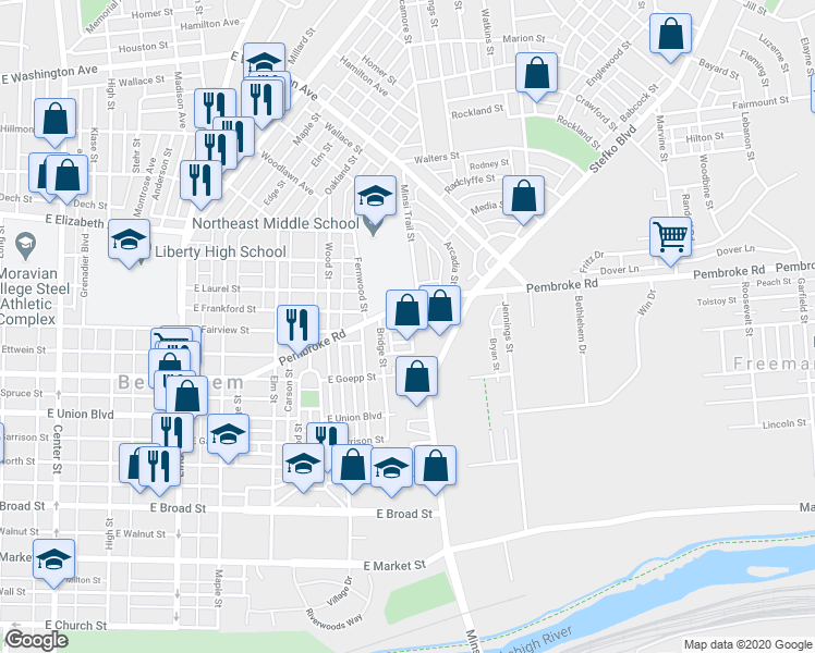 map of restaurants, bars, coffee shops, grocery stores, and more near 749 East Fairview Street in Bethlehem