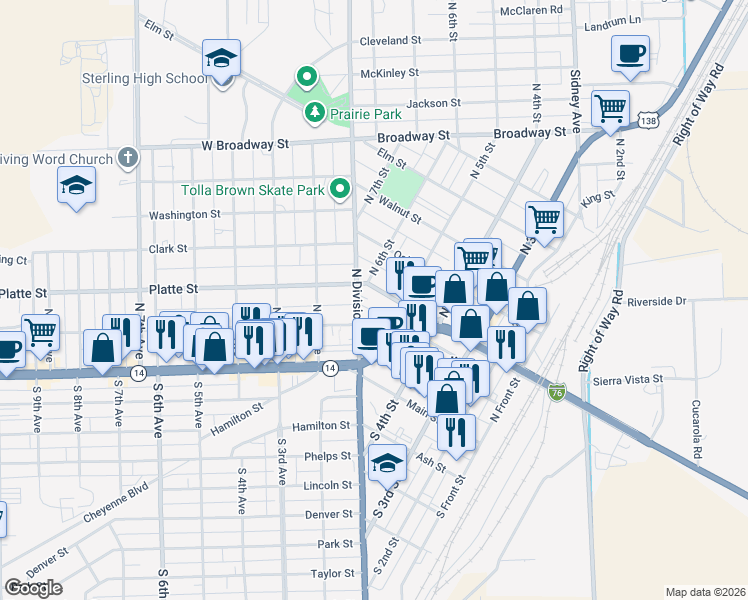 map of restaurants, bars, coffee shops, grocery stores, and more near 519 Chestnut Street in Sterling