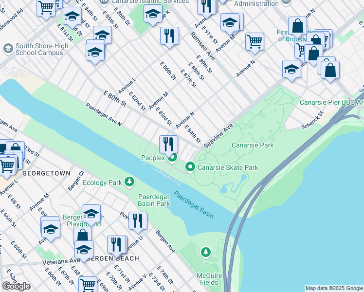 map of restaurants, bars, coffee shops, grocery stores, and more near 18 Paerdegat 14th Street in Brooklyn