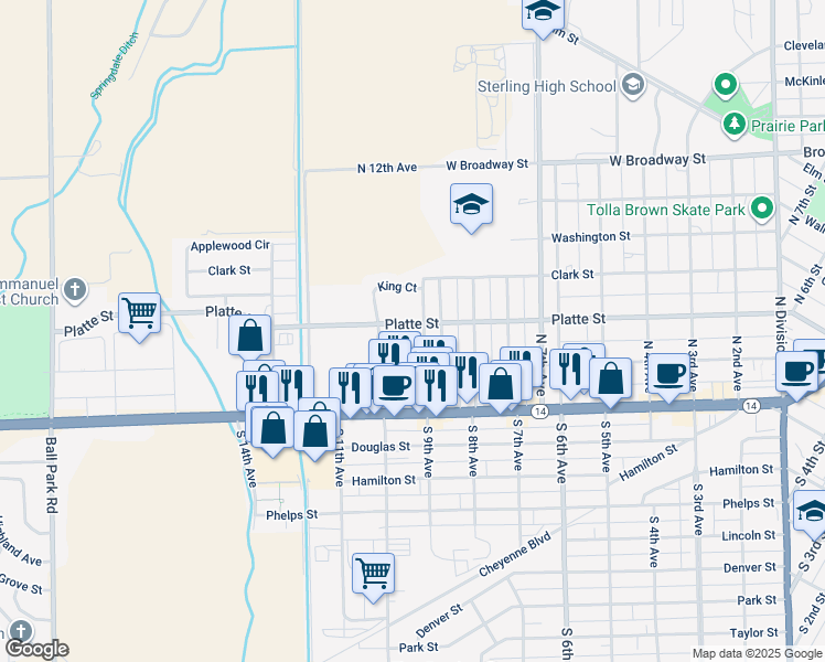 map of restaurants, bars, coffee shops, grocery stores, and more near 225 Weston Court in Sterling