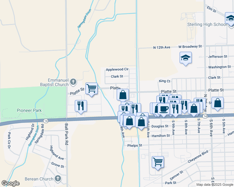 map of restaurants, bars, coffee shops, grocery stores, and more near 1331 Platte Street in Sterling