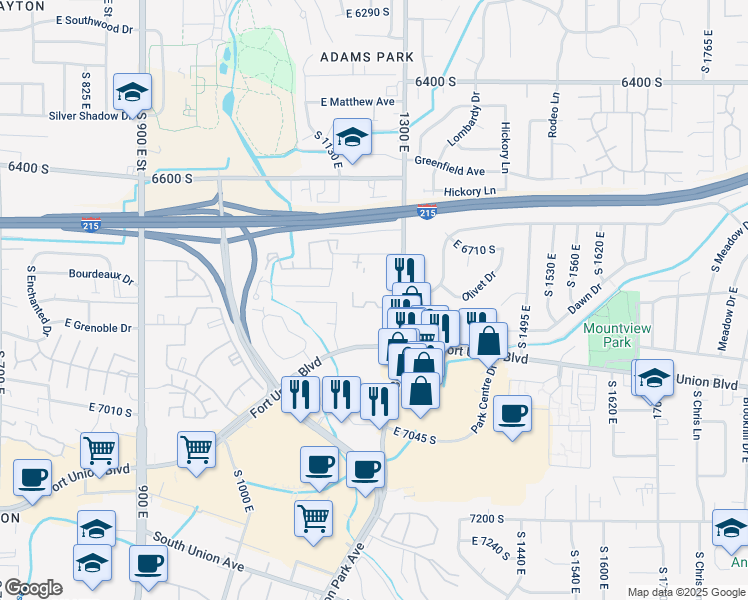 map of restaurants, bars, coffee shops, grocery stores, and more near 6816 South 1300 East in Cottonwood Heights