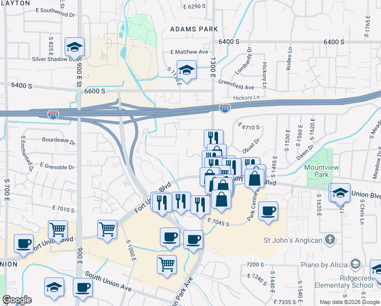 map of restaurants, bars, coffee shops, grocery stores, and more near 6816 South 1300 East in Cottonwood Heights