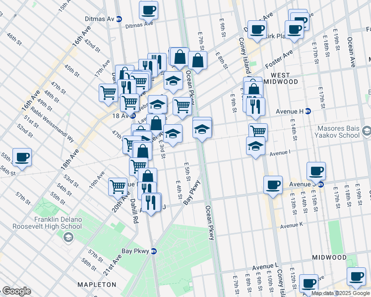map of restaurants, bars, coffee shops, grocery stores, and more near 419 Elmwood Avenue in Brooklyn