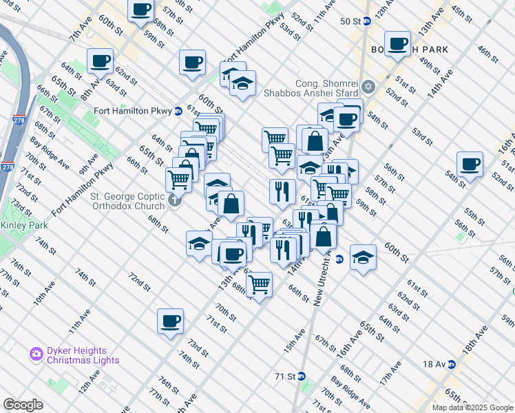 map of restaurants, bars, coffee shops, grocery stores, and more near 1238 63rd Street in Brooklyn