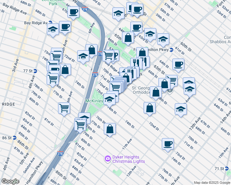 map of restaurants, bars, coffee shops, grocery stores, and more near 7122 Fort Hamilton Parkway in Brooklyn
