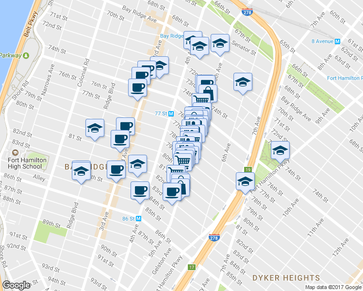 map of restaurants, bars, coffee shops, grocery stores, and more near 441 79th Street in Brooklyn