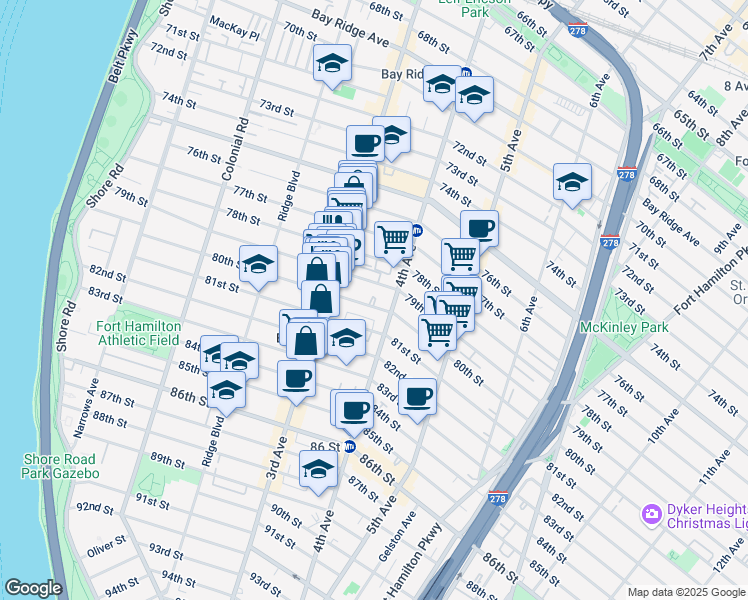 map of restaurants, bars, coffee shops, grocery stores, and more near 342 80th Street in Brooklyn