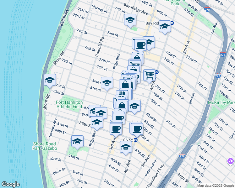map of restaurants, bars, coffee shops, grocery stores, and more near 237 81 Street in Brooklyn
