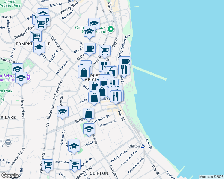 map of restaurants, bars, coffee shops, grocery stores, and more near 587 Bay Street in Staten Island