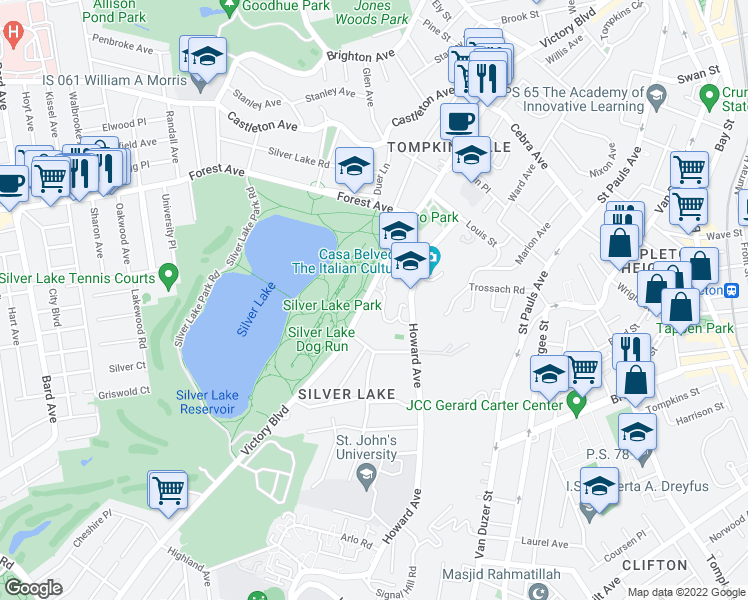 map of restaurants, bars, coffee shops, grocery stores, and more near 630 Victory Boulevard in Staten Island