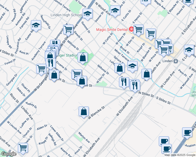 map of restaurants, bars, coffee shops, grocery stores, and more near 916 West Elm Street in Linden