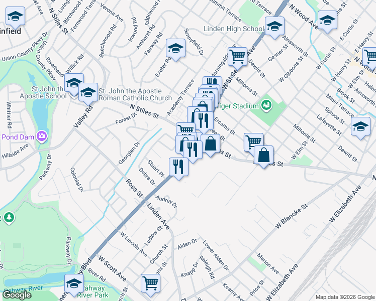 map of restaurants, bars, coffee shops, grocery stores, and more near 1102 New Jersey 27 in Linden