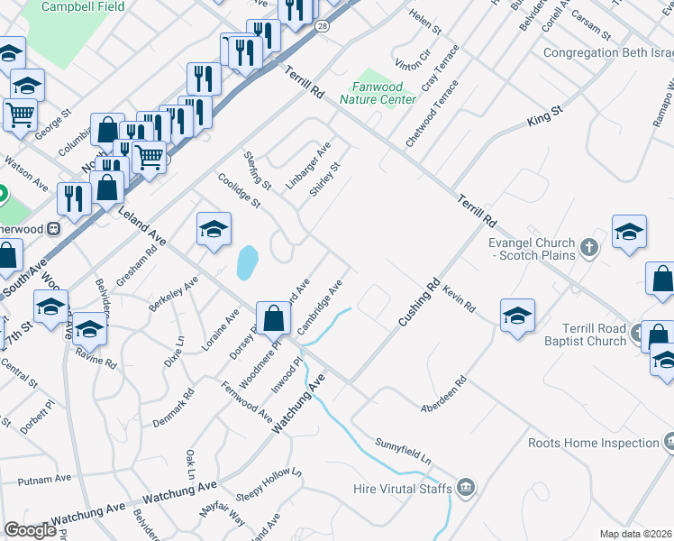 map of restaurants, bars, coffee shops, grocery stores, and more near 1286 Cambridge Avenue in Plainfield