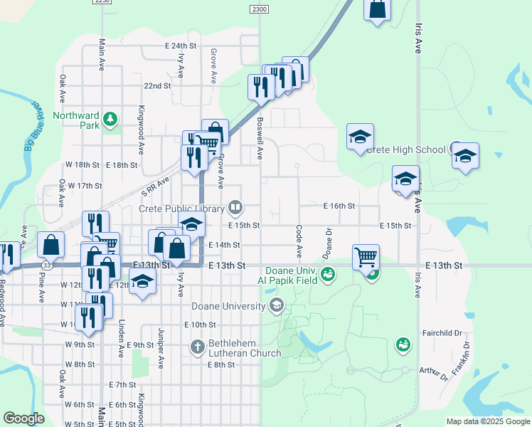 map of restaurants, bars, coffee shops, grocery stores, and more near 1513 Cherrywood Drive in Crete