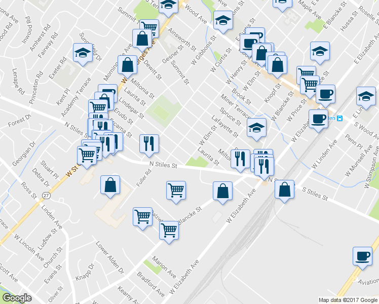 map of restaurants, bars, coffee shops, grocery stores, and more near 916 West Elm Street in Linden