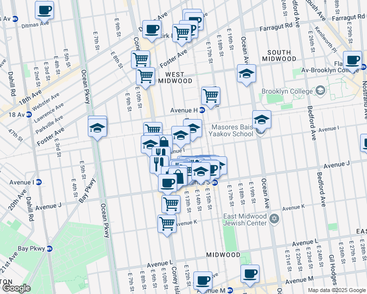 map of restaurants, bars, coffee shops, grocery stores, and more near 1307 Avenue I in Brooklyn