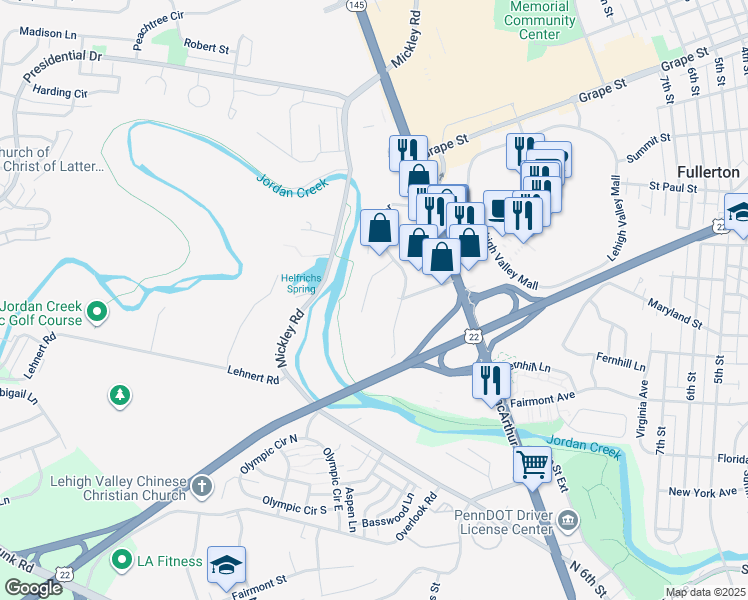 map of restaurants, bars, coffee shops, grocery stores, and more near 1547 Creekside Road in Fullerton