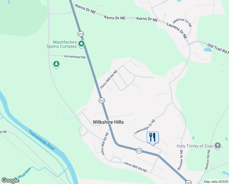 map of restaurants, bars, coffee shops, grocery stores, and more near 1001 Gordon Square NE in Bolivar