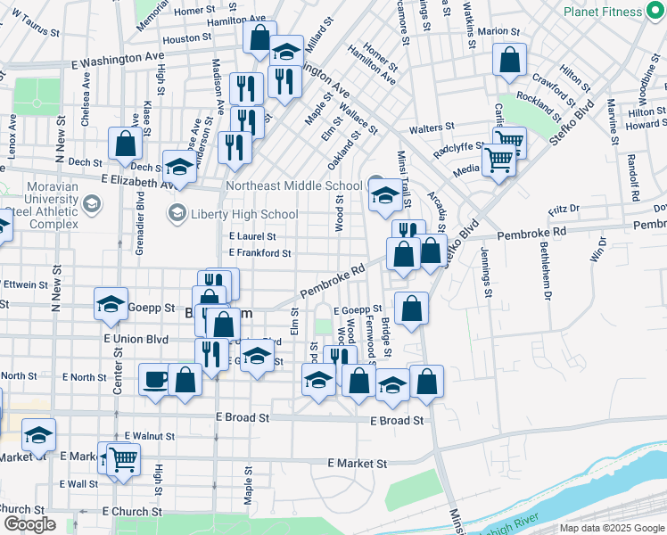 map of restaurants, bars, coffee shops, grocery stores, and more near 1003 Wood Street in Bethlehem