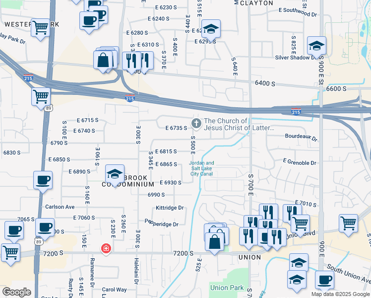map of restaurants, bars, coffee shops, grocery stores, and more near 475 East 6815 South in Midvale