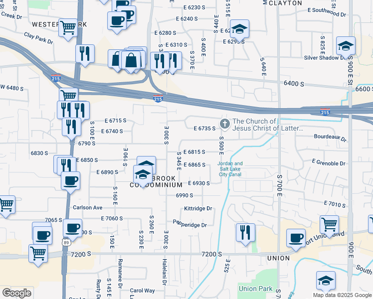 map of restaurants, bars, coffee shops, grocery stores, and more near 375 East 6815 South in Midvale