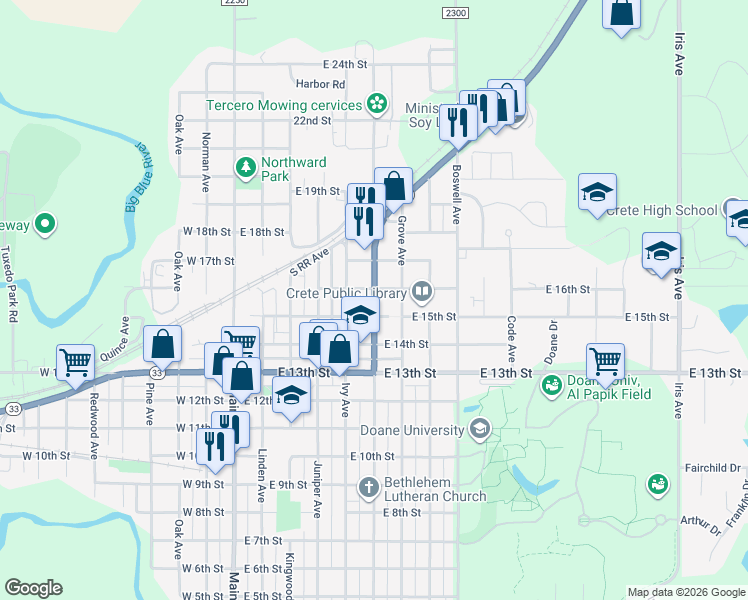 map of restaurants, bars, coffee shops, grocery stores, and more near 1521 Hawthorne Avenue in Crete