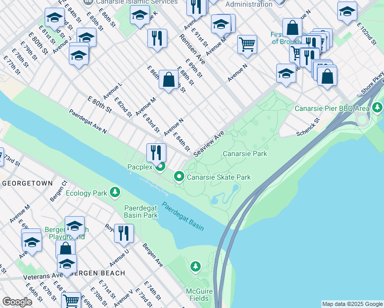 map of restaurants, bars, coffee shops, grocery stores, and more near 1965 East 84th Street in Brooklyn
