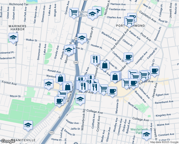 map of restaurants, bars, coffee shops, grocery stores, and more near 29 Dixon Avenue in Staten Island