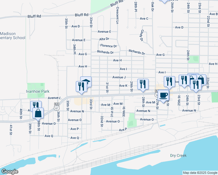 map of restaurants, bars, coffee shops, grocery stores, and more near 3034 Avenue K in Fort Madison
