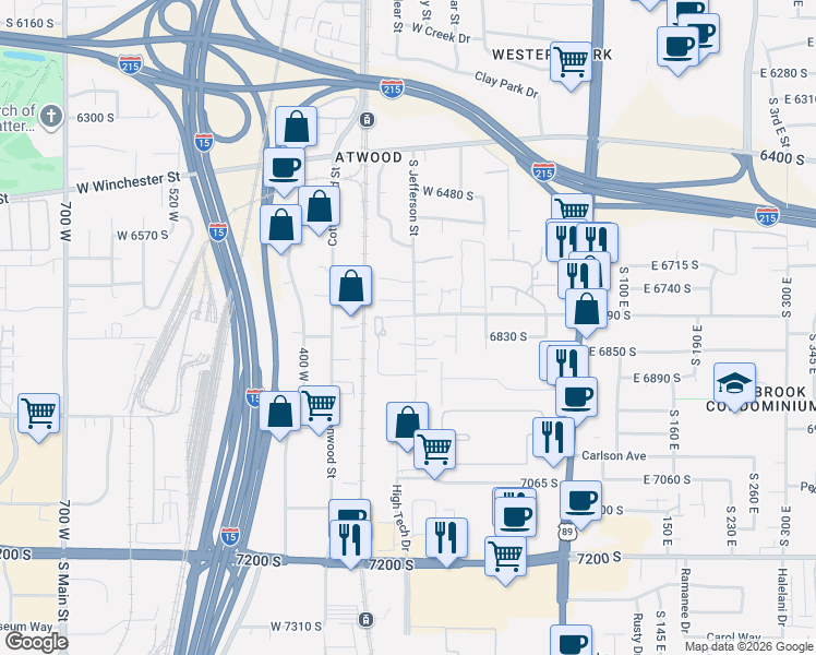 map of restaurants, bars, coffee shops, grocery stores, and more near 6808 South Jefferson Street in Murray