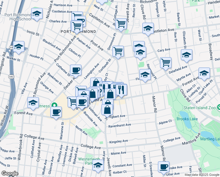 map of restaurants, bars, coffee shops, grocery stores, and more near 382 Jewett Avenue in Staten Island