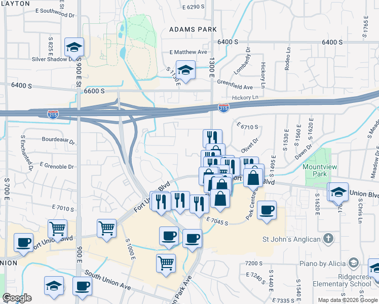 map of restaurants, bars, coffee shops, grocery stores, and more near 6816 South 1300 East in Cottonwood Heights