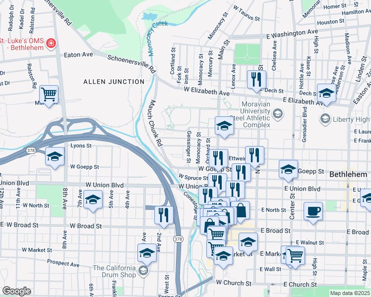 map of restaurants, bars, coffee shops, grocery stores, and more near 229 West Fairview Street in Bethlehem