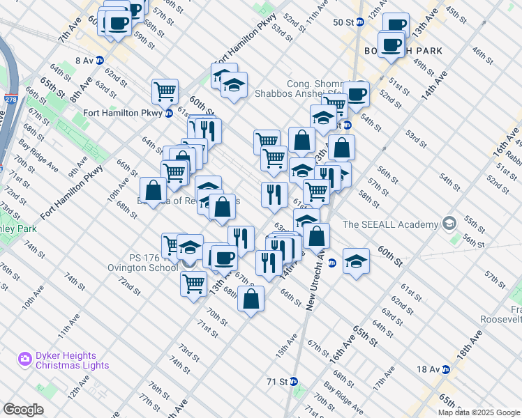 map of restaurants, bars, coffee shops, grocery stores, and more near 1261 63rd Street in Brooklyn