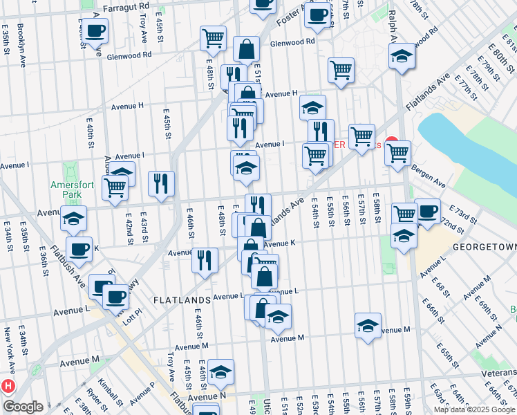 map of restaurants, bars, coffee shops, grocery stores, and more near 1825 Utica Avenue in Brooklyn