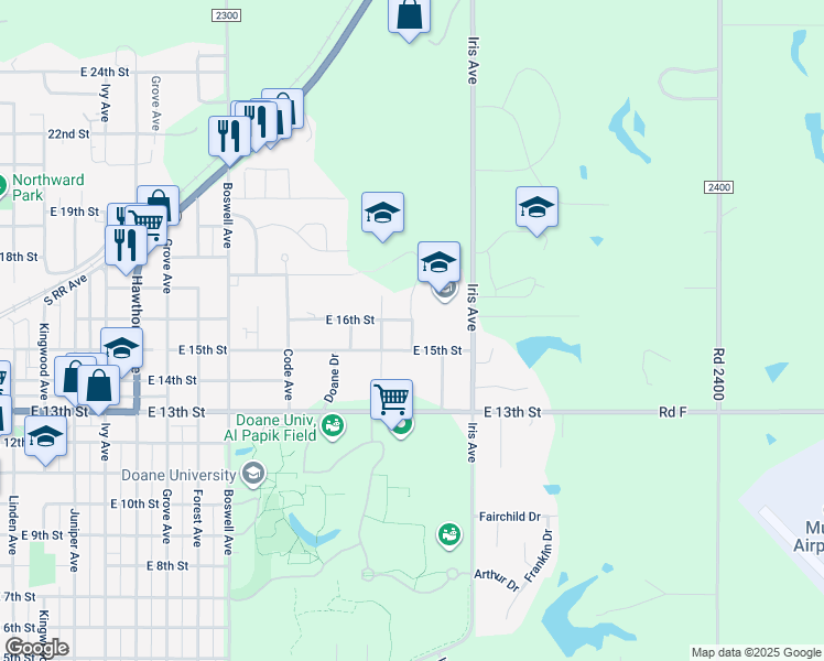 map of restaurants, bars, coffee shops, grocery stores, and more near 1700 Glenwood Drive in Crete