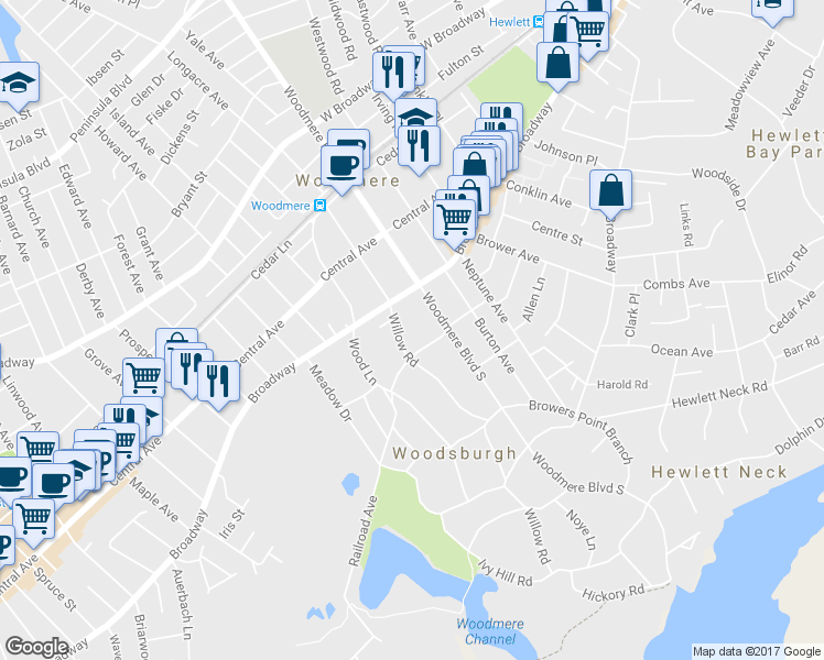 map of restaurants, bars, coffee shops, grocery stores, and more near 22 Willow Road in Woodmere