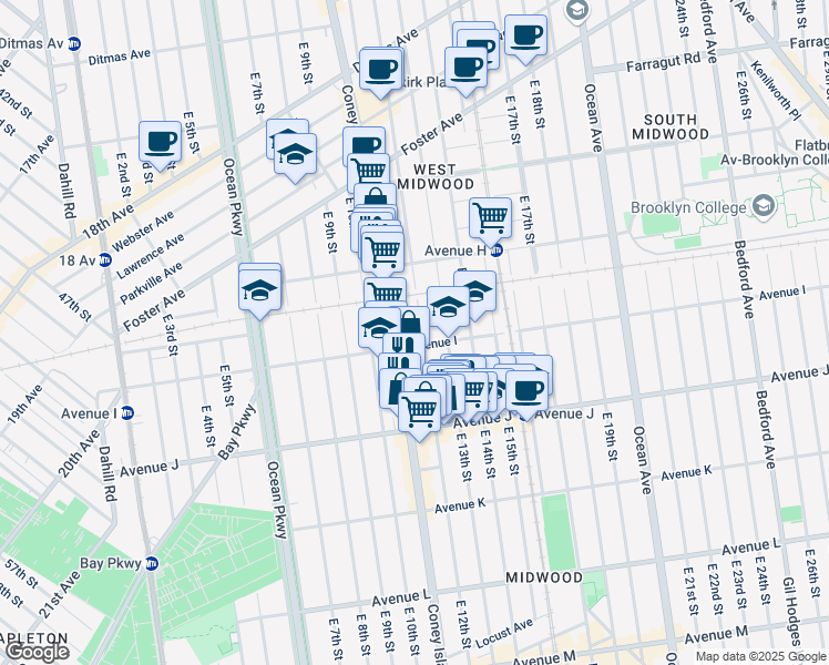 map of restaurants, bars, coffee shops, grocery stores, and more near 1109 Avenue I in Brooklyn