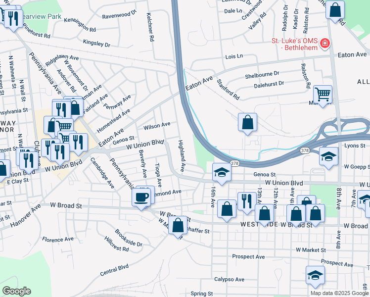 map of restaurants, bars, coffee shops, grocery stores, and more near 934 Highland Avenue in Bethlehem