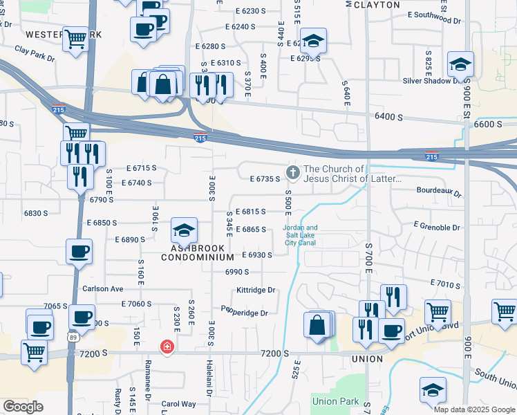 map of restaurants, bars, coffee shops, grocery stores, and more near 425 East 6815 South in Midvale