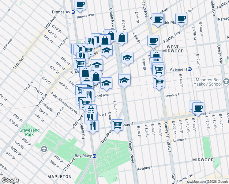 map of restaurants, bars, coffee shops, grocery stores, and more near 505 Elmwood Avenue in Brooklyn