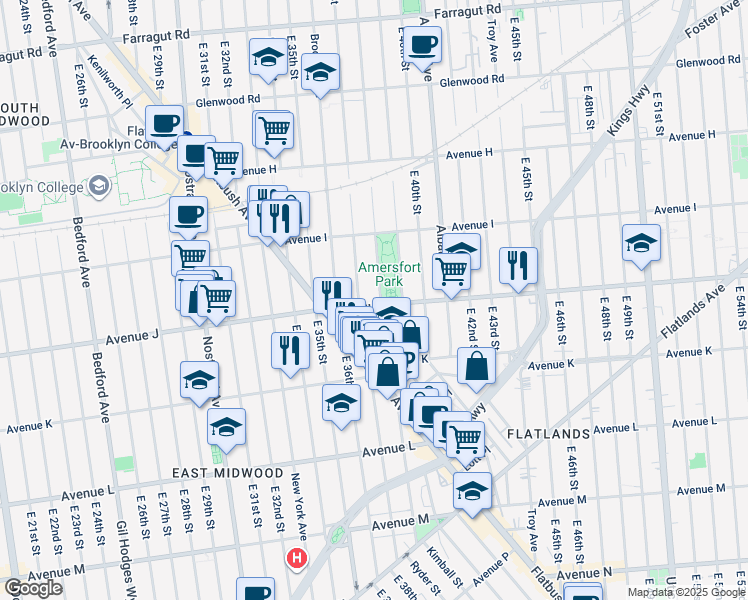 map of restaurants, bars, coffee shops, grocery stores, and more near 3713 Avenue J in Brooklyn