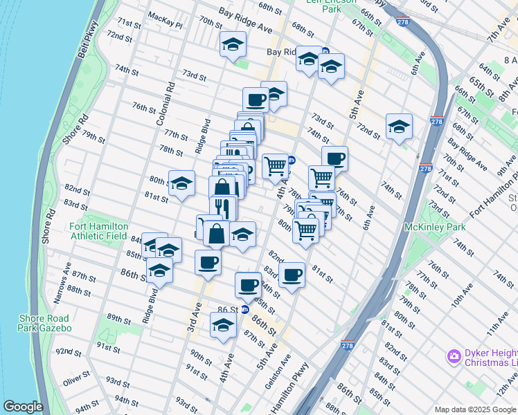 map of restaurants, bars, coffee shops, grocery stores, and more near 342 80th Street in Brooklyn