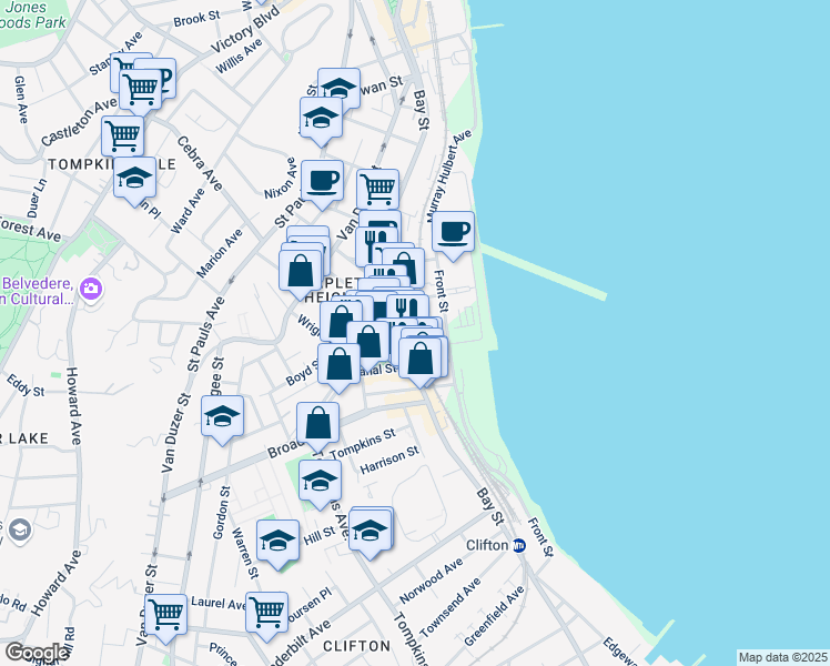 map of restaurants, bars, coffee shops, grocery stores, and more near 587 Bay Street in Staten Island