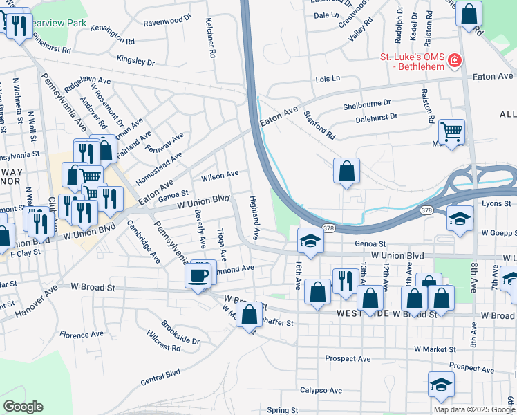 map of restaurants, bars, coffee shops, grocery stores, and more near 934 Highland Avenue in Bethlehem