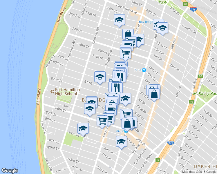 map of restaurants, bars, coffee shops, grocery stores, and more near 237 81 Street in Brooklyn